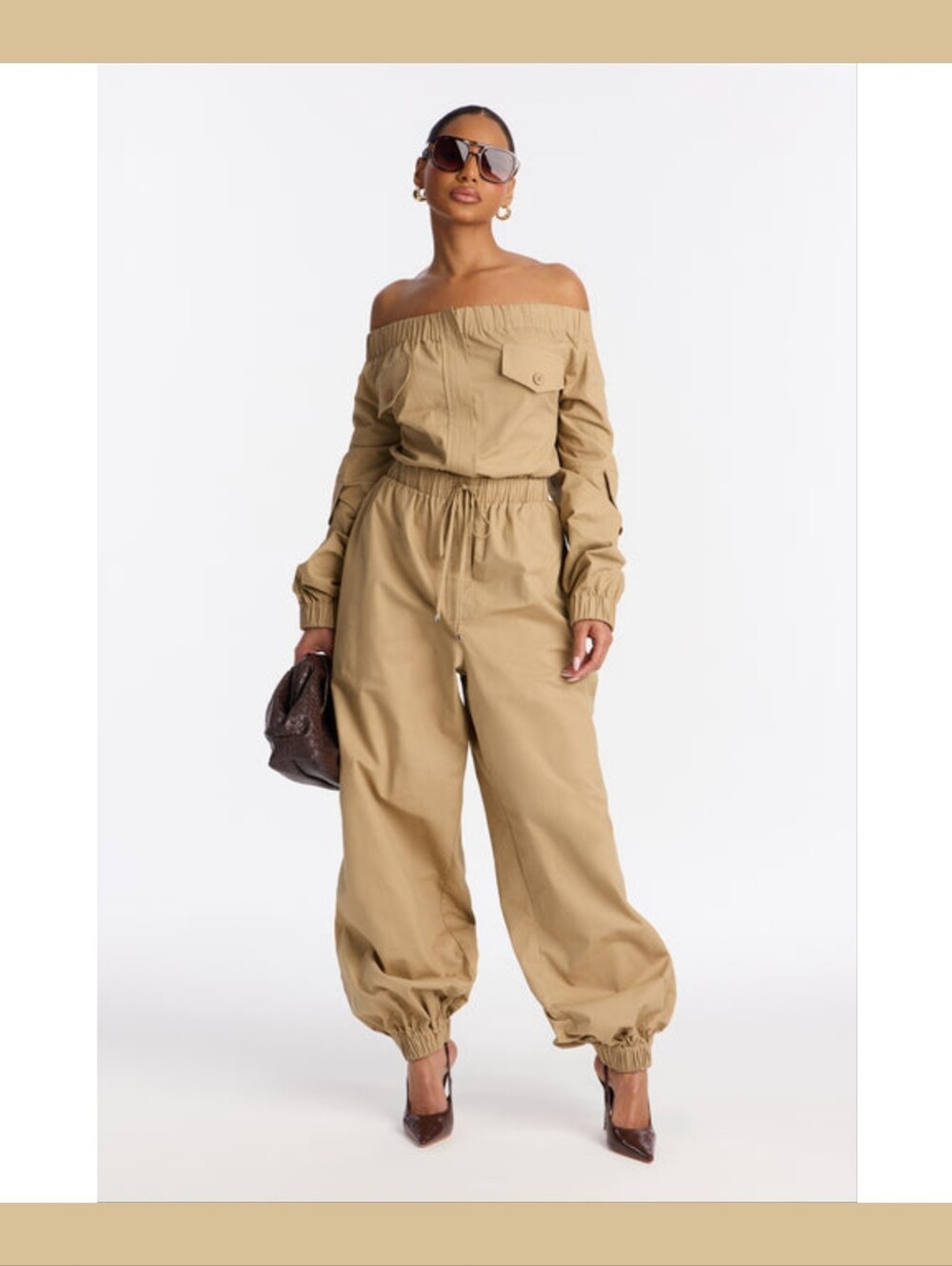 Fashion Nova Off-Shoulder Utility Jumpsuit in Khaki